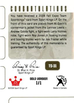 2008 Sportkings Series B - Fall Expo Team Memorabilia Gold #TS-31 Lennox Lewis / Larry Holmes / Roy Jones Jr. / Joe Frazier Back