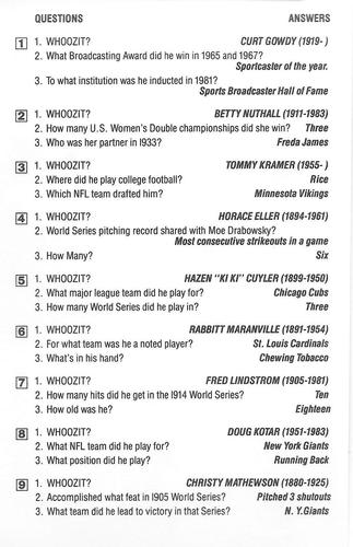 1985 KTO Inteleisure Whoozit? Sports #NNO Curt Gowdy / Betty Nuthall / Tommy Kramer / Horace Eller / Hazen 
