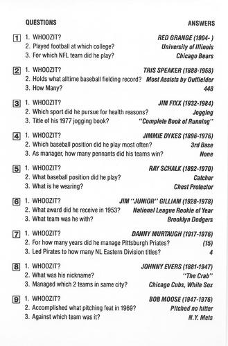 1985 KTO Inteleisure Whoozit? Sports #NNO Red Grange / Tris Speaker / Jim Fixx / Jimmie Dykes / Ray Schalk / Jim 