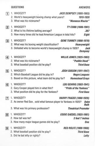 1985 KTO Inteleisure Whoozit? Sports #NNO Jack Dempsey / Ty Cobb / Gene Tunney / Willie Jones / Josh Gibson / Lou Gehrig / Harry Frazee / Eddie Gaedel / Red Rolfe Back