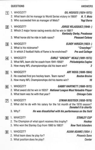 1985 KTO Inteleisure Whoozit? Sports #NNO Gil Hodges / Jorge Velasquez / Elroy Hirsch; Earle 
