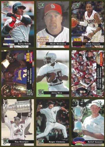 2001 Legends Sports Memorabilia - Panels #NNO Allen Iverson / Barry Bonds / Colorado Avalanche / Jerry Rice / Lakers 2001 / Mark McGwire / Ray Bourque / Retief Goosen / Roger Clemens Front