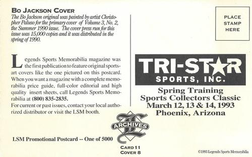 1992-93 Legends Sports Memorabilia Archives Postcards - Tri-Star Spring Training Sports Collectors Classic (Phoenix, AZ) #11 Bo Jackson Back