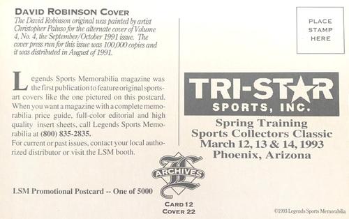 1992-93 Legends Sports Memorabilia Archives Postcards - Tri-Star Spring Training Sports Collectors Classic (Phoenix, AZ) #12 David Robinson Back