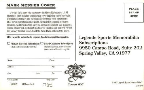 1993-94 Legends Sports Memorabilia Archives Postcards (Subscriptions offer) #NNO Mark Messier Back