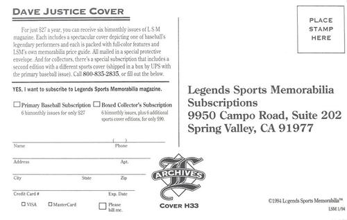 1993-94 Legends Sports Memorabilia Archives Postcards (Subscriptions offer) #NNO Dave Justice Back