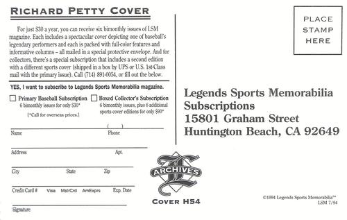 1993-94 Legends Sports Memorabilia Archives Postcards (Subscriptions offer) #NNO Richard Petty Back