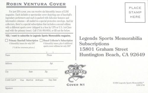 1993-94 Legends Sports Memorabilia Archives Postcards (Subscriptions offer) #NNO Robin Ventura Back