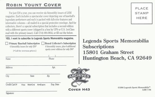 1993-94 Legends Sports Memorabilia Archives Postcards (Subscriptions offer) #NNO Robin Yount Back