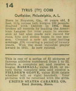 1933 U.S. Caramel (R328) #14 Ty Cobb Back