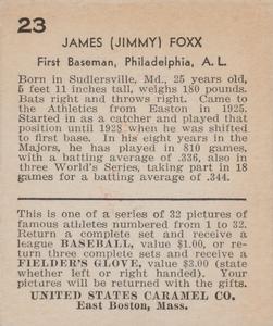 1933 U.S. Caramel (R328) #23 Jimmy Foxx Back