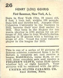 1933 U.S. Caramel (R328) #26 Lou Gehrig Back