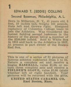 1933 U.S. Caramel (R328) #1 Eddie Collins Back