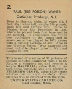 1933 U.S. Caramel (R328) #2 Paul Waner Back