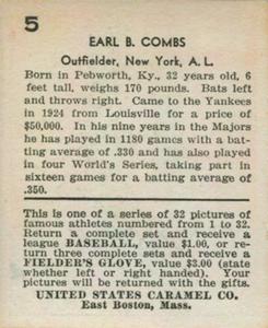1933 U.S. Caramel (R328) #5 Earle Combs Back