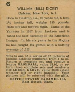 1933 U.S. Caramel (R328) #6 Bill Dickey Back