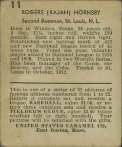 1933 U.S. Caramel (R328) #11 Rogers Hornsby Back