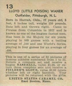 1933 U.S. Caramel (R328) #13 Lloyd Waner Back