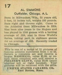 1933 U.S. Caramel (R328) #17 Al Simmons Back