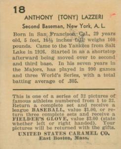 1933 U.S. Caramel (R328) #18 Tony Lazzeri Back