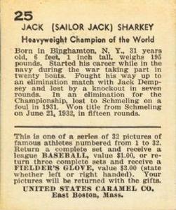 1933 U.S. Caramel (R328) #25 Jack Sharkey Back