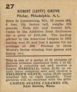 1933 U.S. Caramel (R328) #27 Lefty Grove Back
