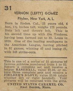 1933 U.S. Caramel (R328) #31 Lefty Gomez Back