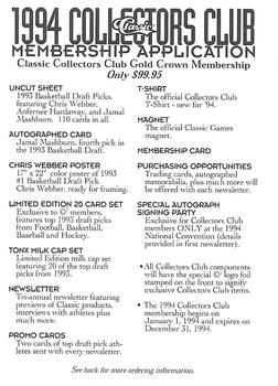 1993 Classic Four Sport #NNO 1994 Collectors Club Membership Application Front