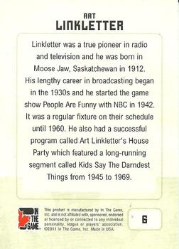 2011 In The Game Canadiana #6 Art Linkletter Back