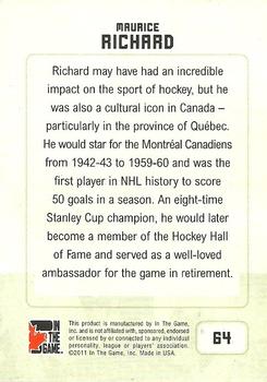 2011 In The Game Canadiana #64 Maurice Richard Back