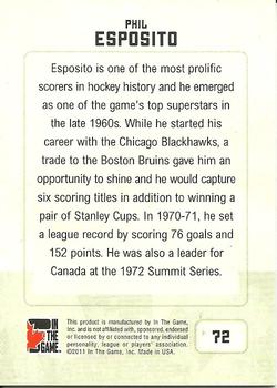 2011 In The Game Canadiana #72 Phil Esposito Back