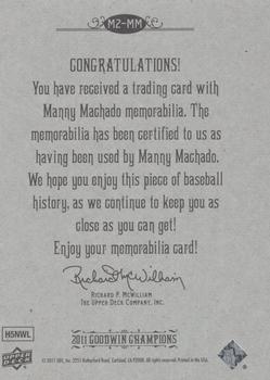 2011 Upper Deck Goodwin Champions - Memorabilia Dual #M2-MM Manny Machado Back