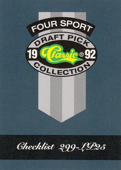 1992 Classic Four Sport #325 Checklist: 299-325 and Inserts Front