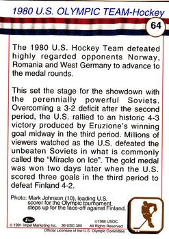 1991 Impel U.S. Olympic Hall of Fame #64 1980 U.S. Olympic Hockey Team Back