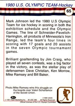 1991 Impel U.S. Olympic Hall of Fame #65 1980 U.S. Olympic Hockey Team Back