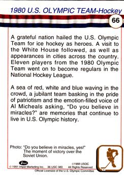 1991 Impel U.S. Olympic Hall of Fame #66 1980 U.S. Olympic Hockey Team Back