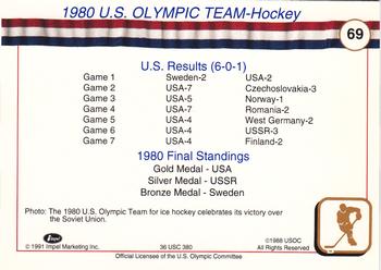 1991 Impel U.S. Olympic Hall of Fame #69 1980 U.S. Olympic Hockey Team Back