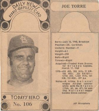 1970-71 Dayton Daily News (M137) #106 Joe Torre Front