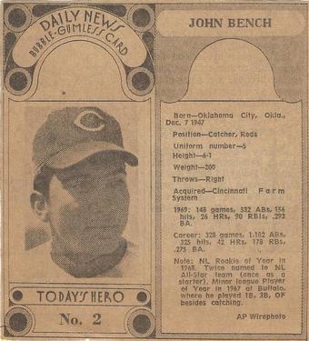 1970-71 Dayton Daily News (M137) #2 Johnny Bench Front