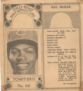 1970-71 Dayton Daily News (M137) #64 Hal McRae Front