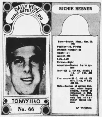1970-71 Dayton Daily News (M137) #66 Richie Hebner Front