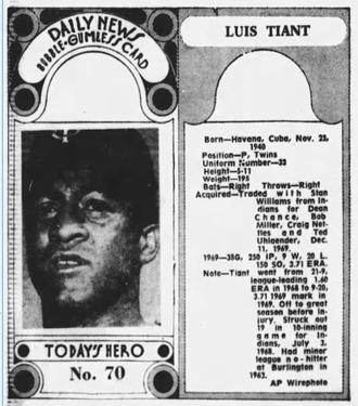 1970-71 Dayton Daily News (M137) #70 Luis Tiant Front