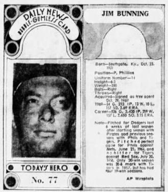 1970-71 Dayton Daily News (M137) #77 Jim Bunning Front