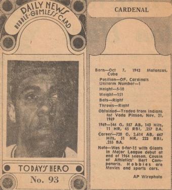 1970-71 Dayton Daily News (M137) #93 Jose Cardenal Front