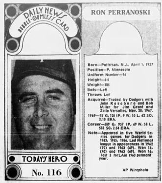 1970-71 Dayton Daily News (M137) #116 Ron Perranoski Front
