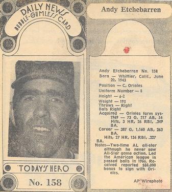 1970-71 Dayton Daily News (M137) #158 Andy Etchebarren Front