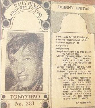1970-71 Dayton Daily News (M137) #231 Johnny Unitas Front