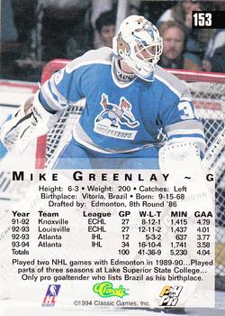 1994 Classic Four Sport #153 Mike Greenlay Back
