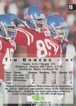 1994 Classic Four Sport #70 Tim Bowens Back