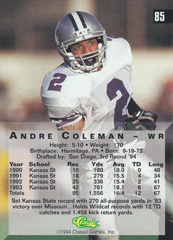 1994 Classic Four Sport #85 Andre Coleman Back